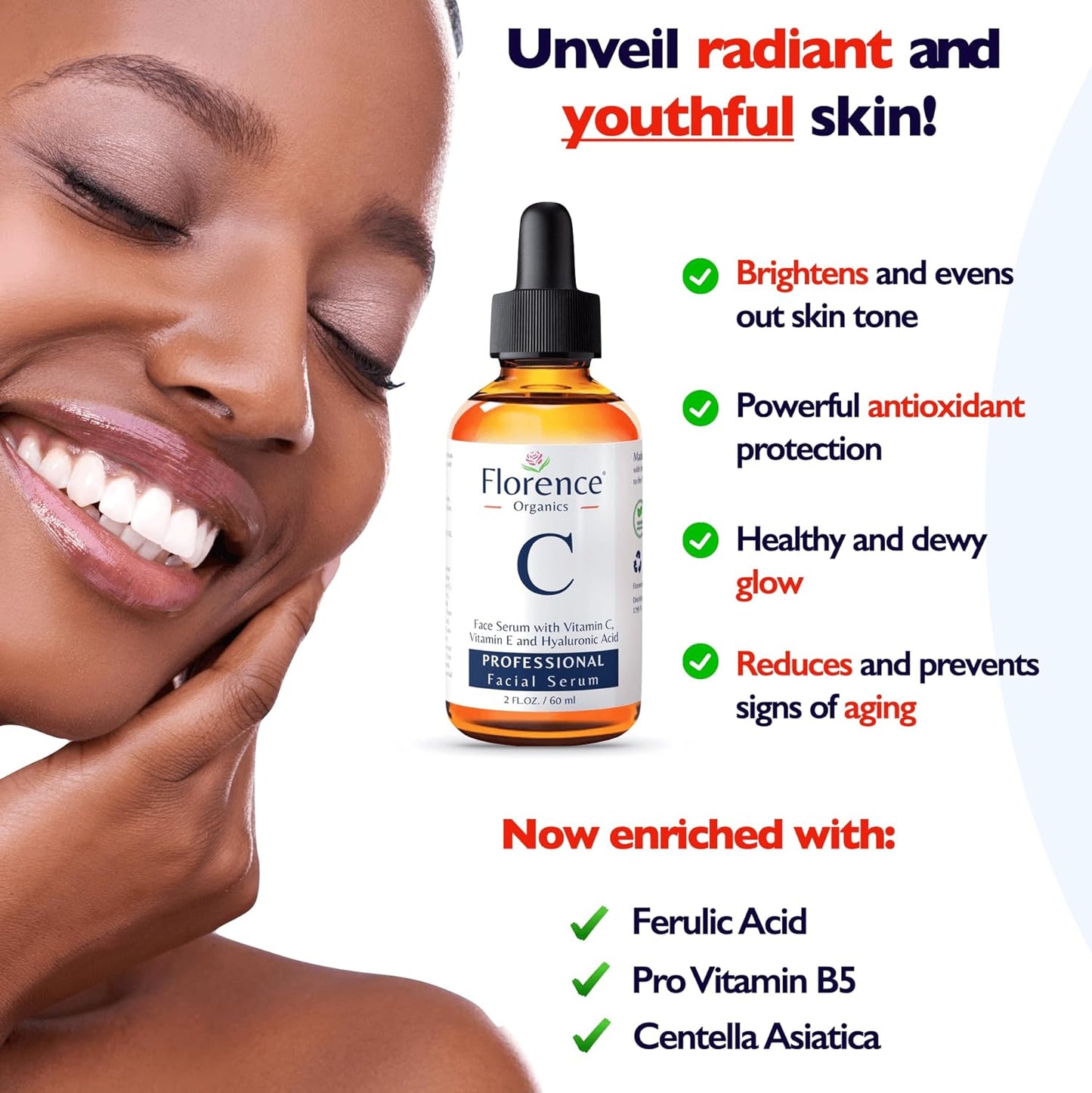 Vitamin C Serum for Face – anti Aging Face Serum with Vitamin C, Hyaluronic Acid, Vitamin E. Brightening Formula. Improve Appearance of Dark Spots, Tone, Fine Lines & Wrinkles, Glowing Skin 2 Fl Oz
