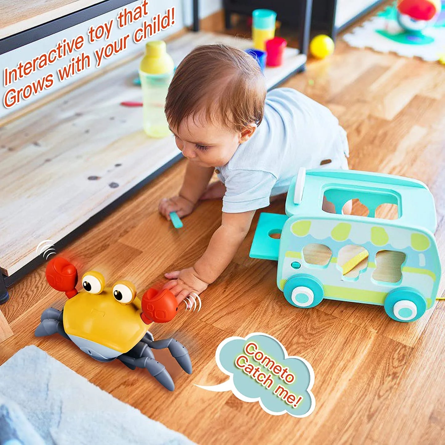Ozmatip Crawling Crab Baby Toy, Tummy Time Gifts for Newborn Babies 3-12 Month, Light-Up Walking Dancing Moving Crab with Music, Rechargeable Sensory Toy