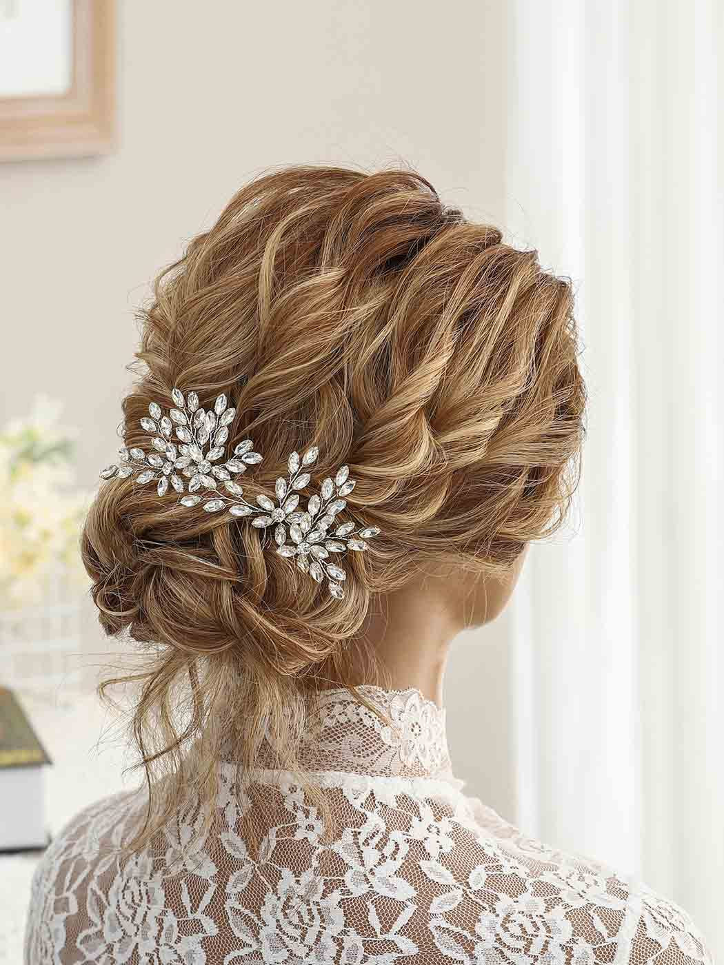Rhinestone Bride Wedding Hair Pins Bridal Hair Clips Crystal Hair Piece Decorative Bridesmaids Hair Accessories for Women and Girls Pack of 2 (A-Silver)
